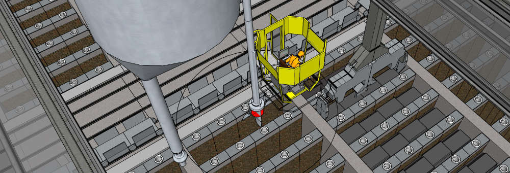 Vue plongeante de la cabine entourée des 3 outils : une pince pour enfourner 4 anodes crues, un tube pour délivrer du coke et un tube aspirant pour aspirer le coke lors du défournement d’anodes.